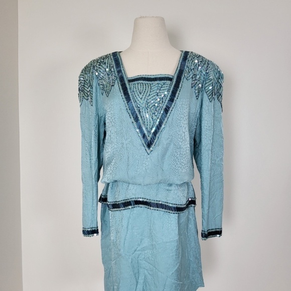 *Free With Purchase* 80’s D'ore shift dress midi turquoise beaded sequins - Picture 5 of 12